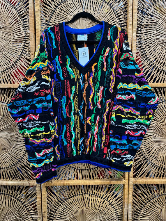 Vintage COOGI Black & Neon Multicolored V-Neck Knit Sweater Size X-Large Vintage COOGI Black & Neon Multicolored V-Neck Knit Sweater Size X-Large