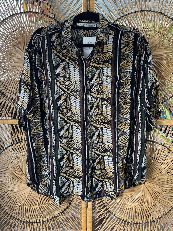 Vintage 90s Women's Brown Tribal Button Down Shirt Size Large