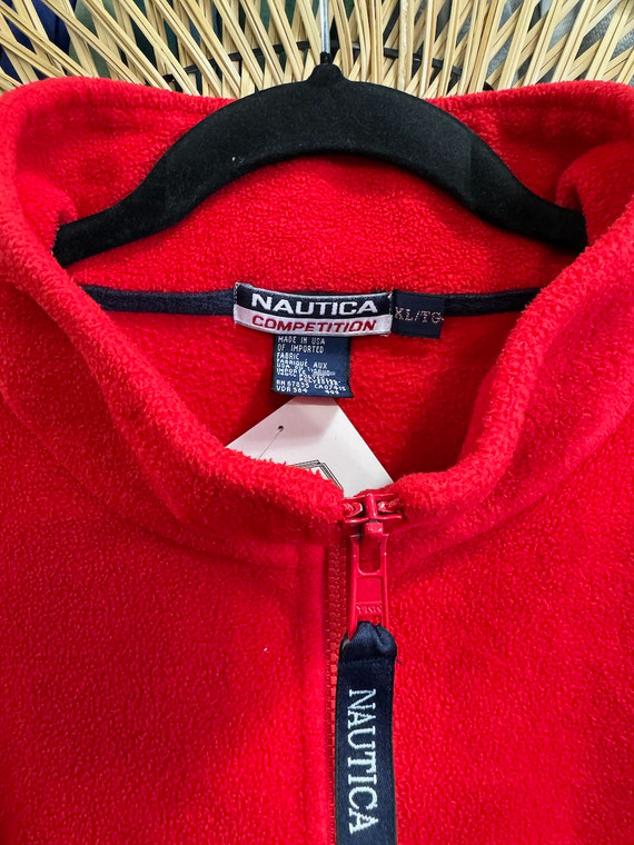 Vtg Nautica Competition Spellout 3M Back Stripe Logo Red 1/4 Zip Fleece Size XL