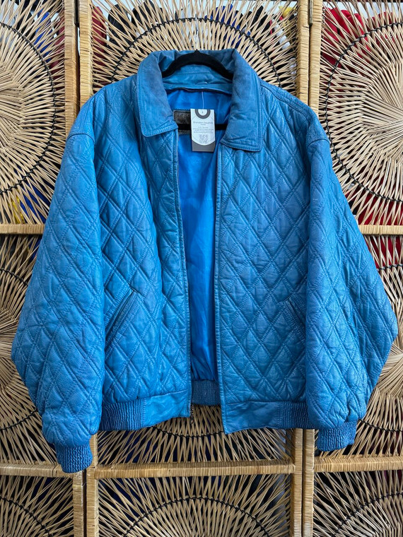 Vtg 90s Quilted Mondo Uomo Blue Teal Leather Jacket Size XXL Vtg 90s Quilted Mondo Uomo Blue Teal Leather Jacket Size XXL