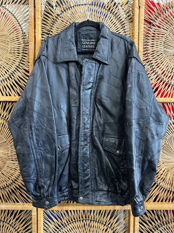 Vtg 90s Napoline Black Leather Patchwork Jacket Size 4XL Vtg 90s Napoline Black Leather Patchwork Jacket Size 4XL