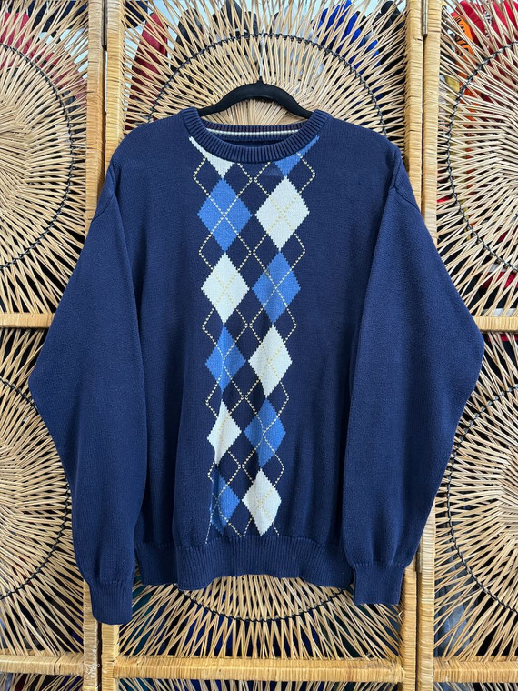 Vintage Navy Blue Argyle Sweater Size Large