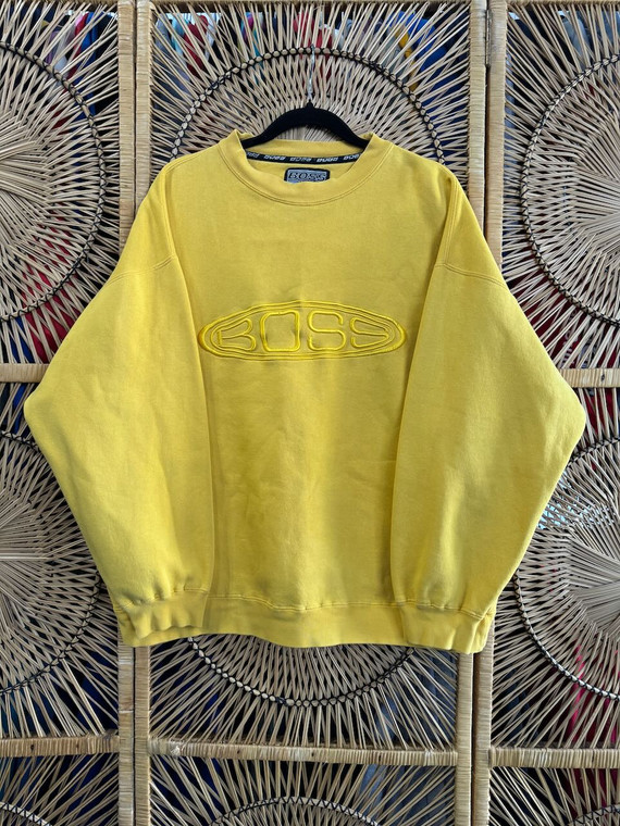 Y2K Boss Embroidered Yellow Crewneck Sweatshirt Size Large