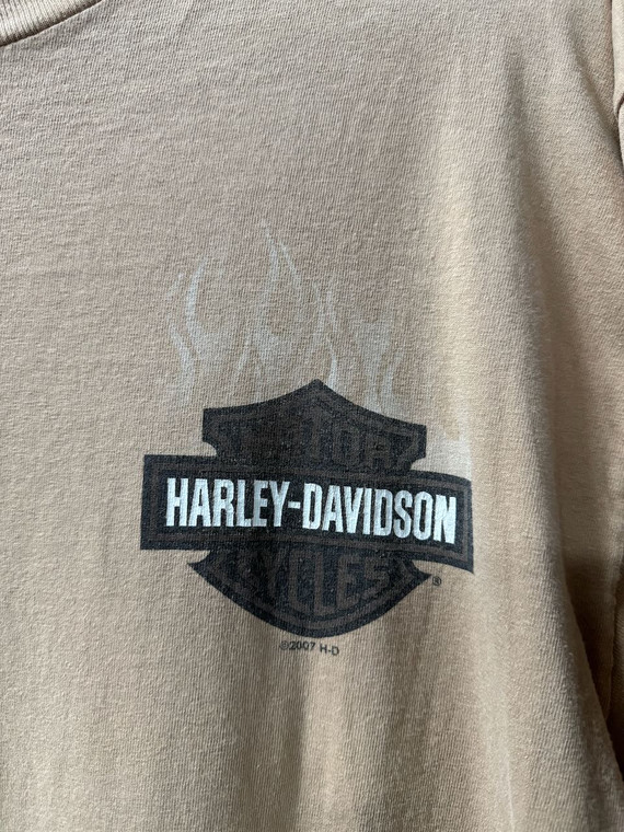Y2K 2007 Harley Davidson HD Makinaw, MI Tan Long sleeve T-shirt Size Large