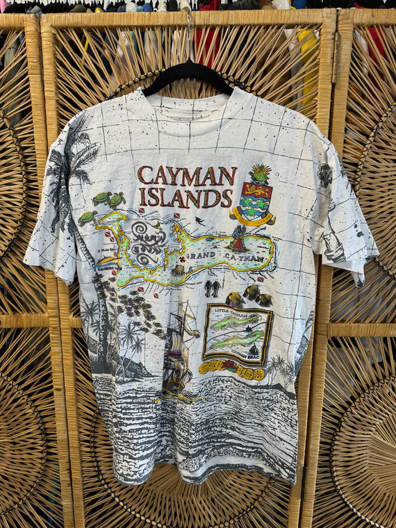 Vintage 80s 90s Cayman Islands AOP Graphic White T-Shirt Size Large