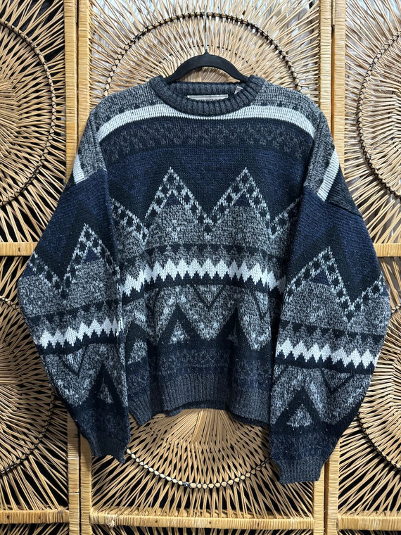 Vintage 90s Method Dark Grey Patterned Knit Sweater Size XL