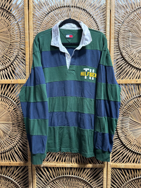 Tommy Hilfiger Green Blue Long sleeve Rugby Polo Shirt Size XL