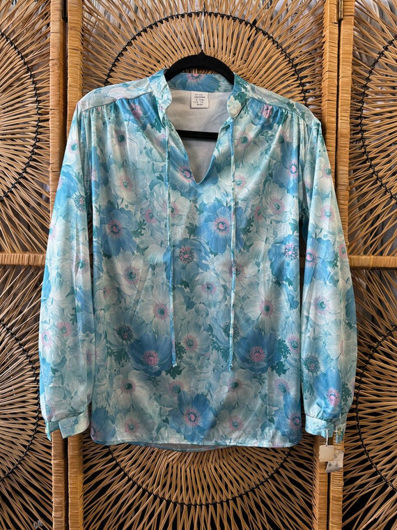 Deadstock Vintage 70s 80s Sears Light Blue Floral Blouse Women's Size 10