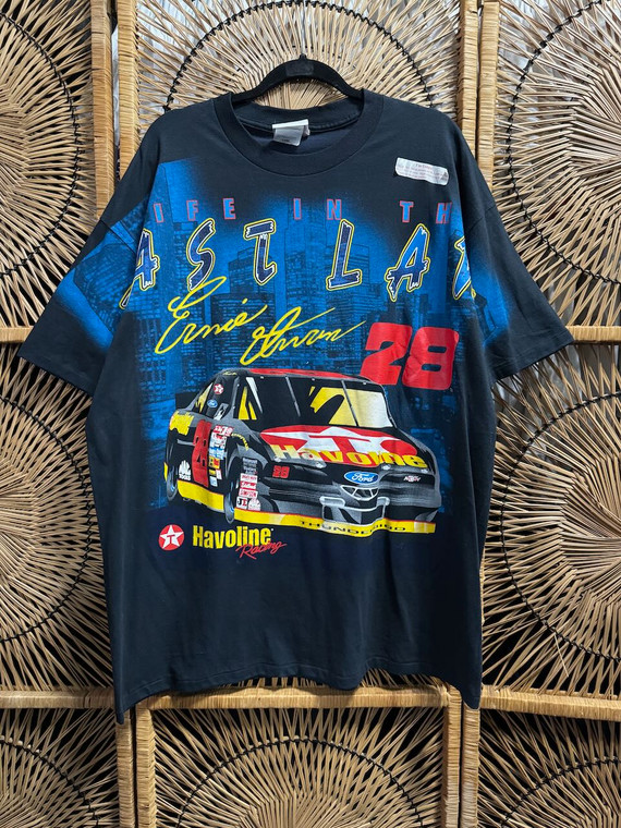 Vintage 90s NASCAR Ernie Irvin #28 Havoline Racing All Over Print Black T-Shirt Size XL