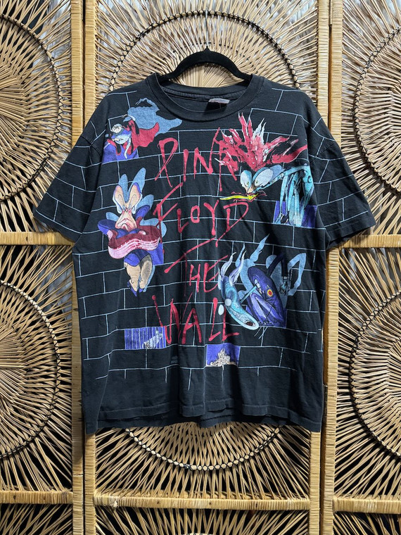 Vtg Pink Floyd The Wall AOP Black Band Tour T-Shirt Size XL
