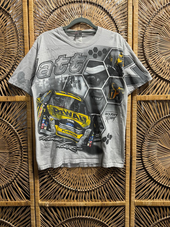 Vintage 90s NASCAR Matt Kenseth #17 DeWalt Racing All Over Print Grey T-Shirt Size Medium