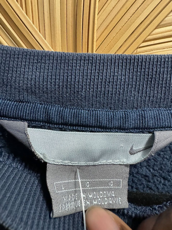 Vintage 90s Nike Grey Bar Mini Swoosh Navy Blue Crewneck Sweatshirt Size Large