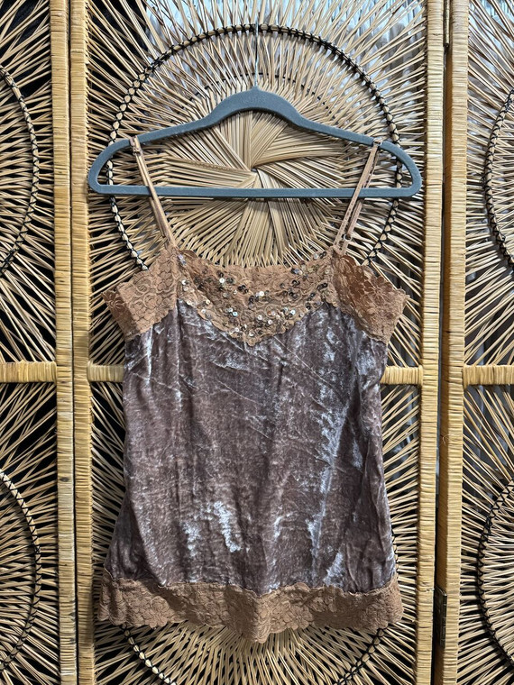 Vintage 90s Y2K Periscope Crushed Velvet Lace Mauve Women's Cami Tank Top Size Large