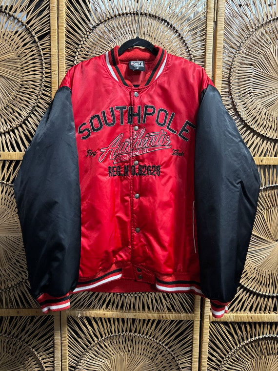 Vtg Y2K Southpole Red & Black Satin Bomber Jacket Size Large