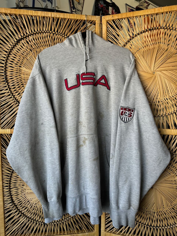 Vtg Y2K Nike Soccer USA Team Center Check Grey Stitched Hoodie Sweatshirt Size XXL