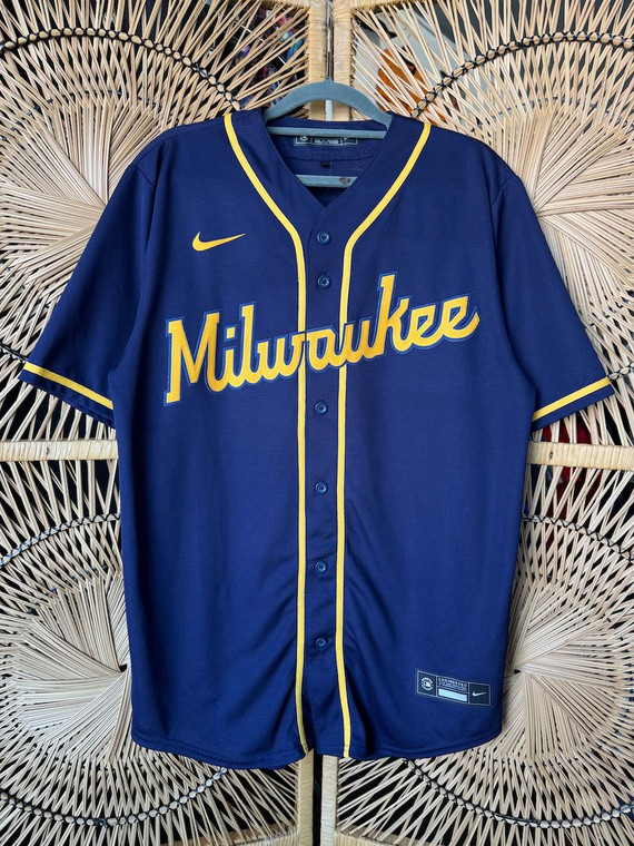 Nike MLB Milwaukee Brewers Baseball Kolton Wong #16 Navy Blue & Yellow Jersey Size Medium