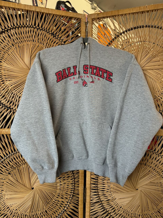 Y2K Stitched Ball State University Grey Hooded Sweatshirt Size Medium