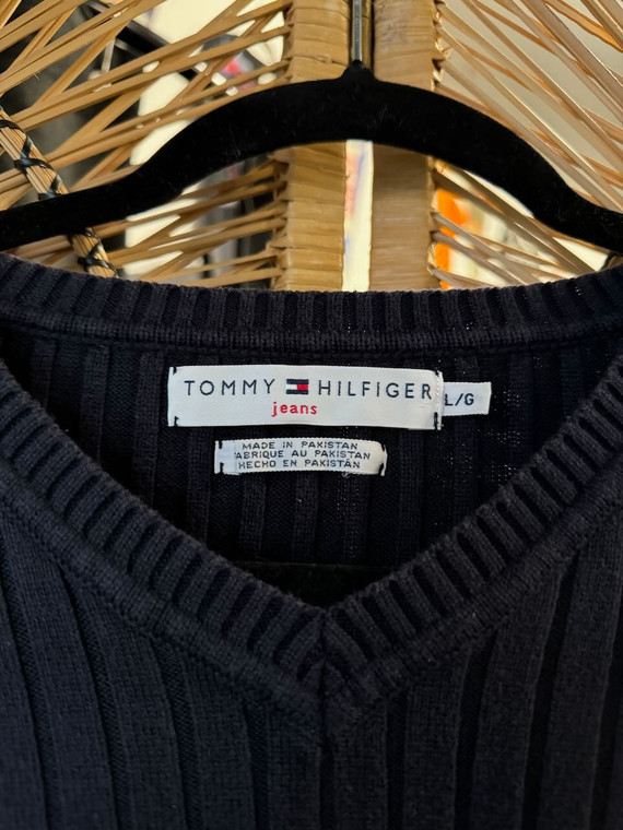 Y2K Tommy Hilfiger Ribbed Knit Sweater Navy Blue Logo Sleeve Women's Size Large
