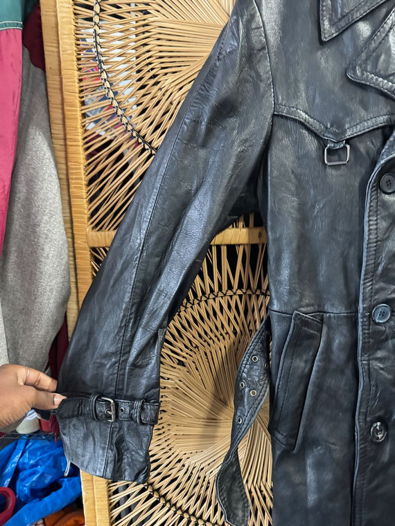 Vtg 80s 90s Yugoslavia Black Leather Double Breasted Trench Coat Size Large