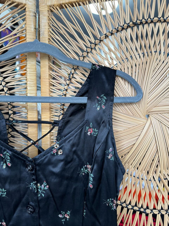 Vtg 80s 90s Frederick's of Hollywood Satin Floral Lace Up Black Dress Size 11/12