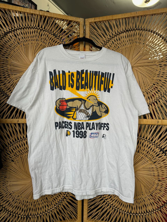 Vtg 90s 1998 Logo 7 Indiana Pacers NBA Basketball "Bald Is Beautiful!" White T-Shirt Size XL X-Large