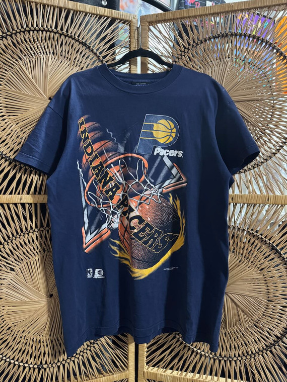 Vintage Indiana Pacers Magic Johnson Tees Flaming Basketball Blue T-Shirt Size Large