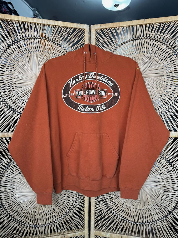 Y2K Harley Davidson HD Mobile, AL Burnt Orange Hoodie Sweatshirt Size Large