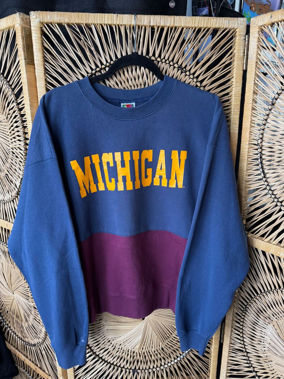 Vintage Michigan Wolverines Navy Blue Purple Color Block Crewneck Sweatshirt Size XL X-Large
