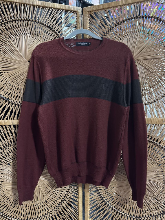 Y2K Yves Saint Laurent Maroon & Grey Knit Crewneck Sweater Size Medium
