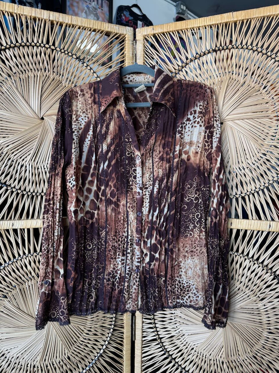 Vintage 90s Y2K Notations Chiffon Pleated Animal Print Button Shirt Women's Size Small