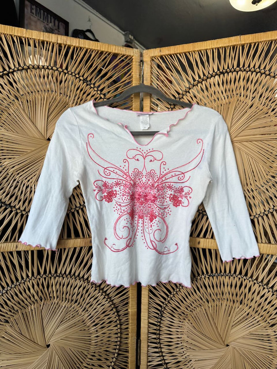 Vtg 90s Y2K Kona Women's Butterfly Lettuce Hem White Top Size Small