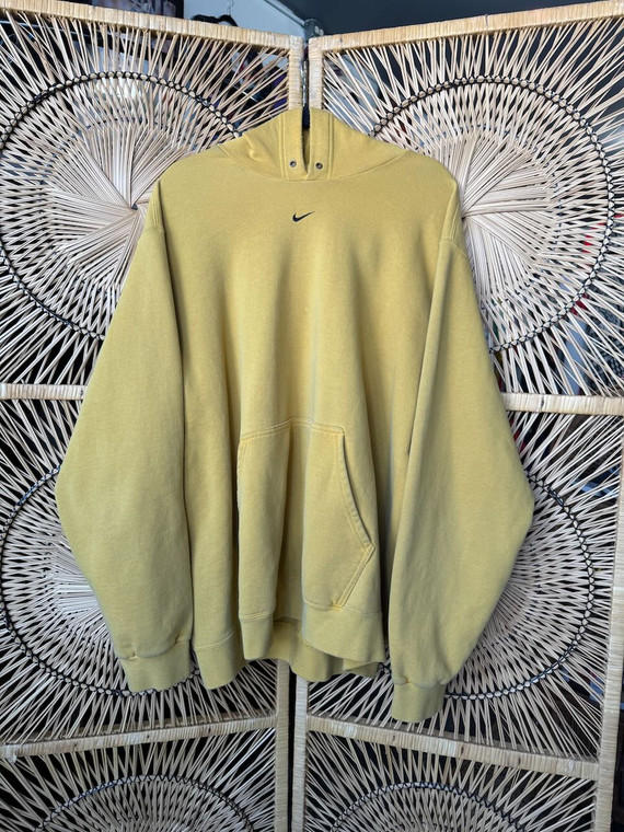 Vintage Y2K Nike Silver Label Mustard Yellow Center Swoosh Hoodie Sweatshirt Size X-Large