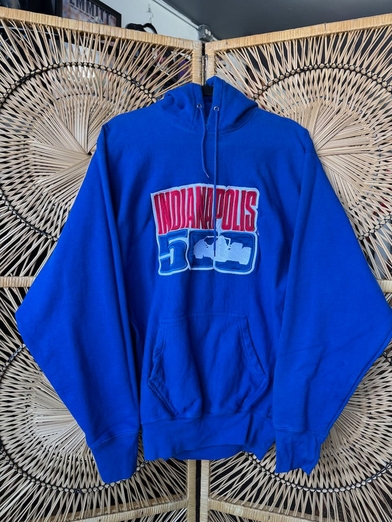 Vtg Y2K Indy 500 Racing Blue Hoodie Sweatshirt Size Large