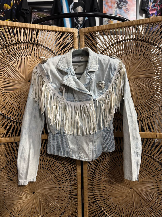 Vtg Young Edwardian Light Blue & White Fringe Denim Jacket Women's Size 5