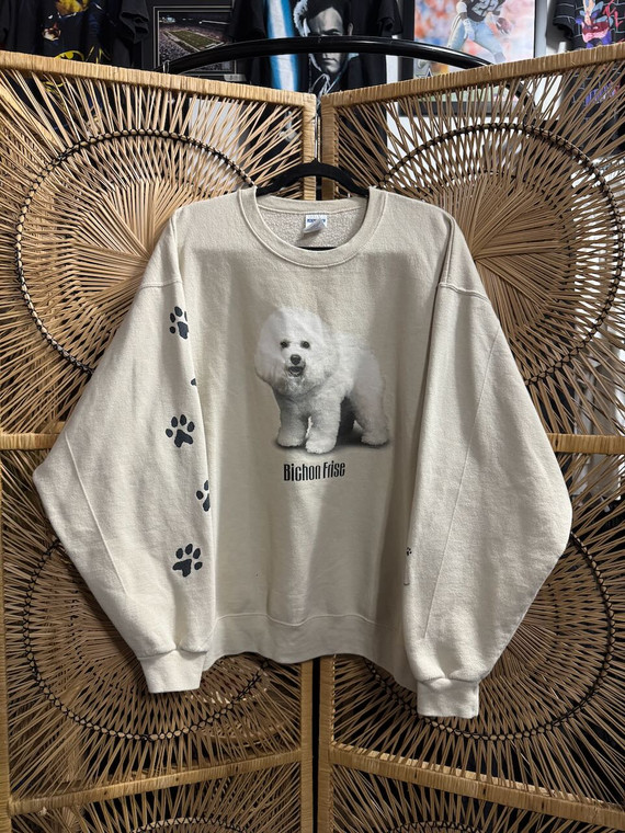 Vtg Y2K Bichon Frise Dog Beige Crewneck Sweatshirt Size XL
