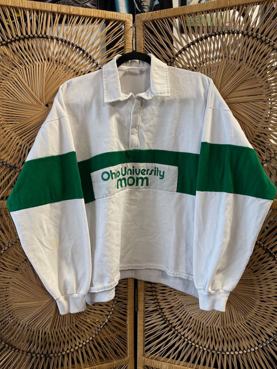 Vintage 80s 90s Ohio University MOM  White Green Rugby Sweatshirt Size X-Large