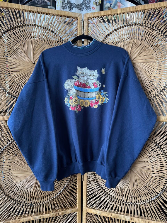 Vintage 90s Kittens In A Basket Navy Blue Crewneck Sweatshirt Size XL X-Large