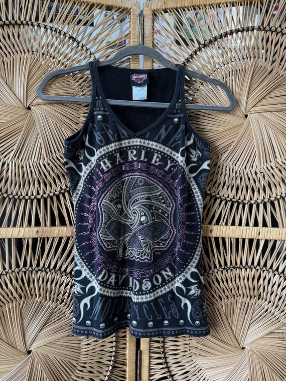 Y2K 2011 Harley Davidson HD Bedazzled Skull Bandana Graphic Kokomo, IN Black Women's Tank Size Medium