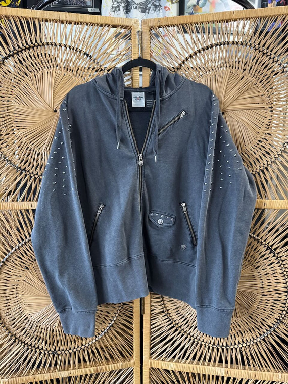 Y2K HD Harley Davidson Grunge Studded Gun Metal Gray Full Zip Jacket Women's Size X-Large