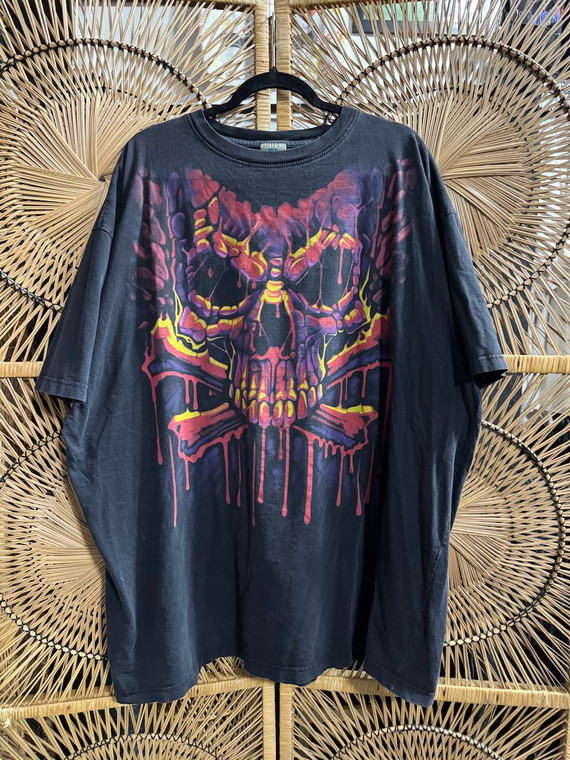 Y2K Liquid Blue Skull & Crossbones Graphic Black T-Shirt Size XXXL 3XL