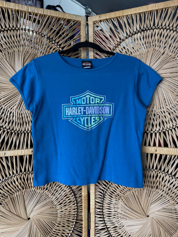 Y2K 2006 HD Harley Davidson Glitter Gradient Fort Wayne, IN Cropped Blue T-Shirt Women's Size Large
