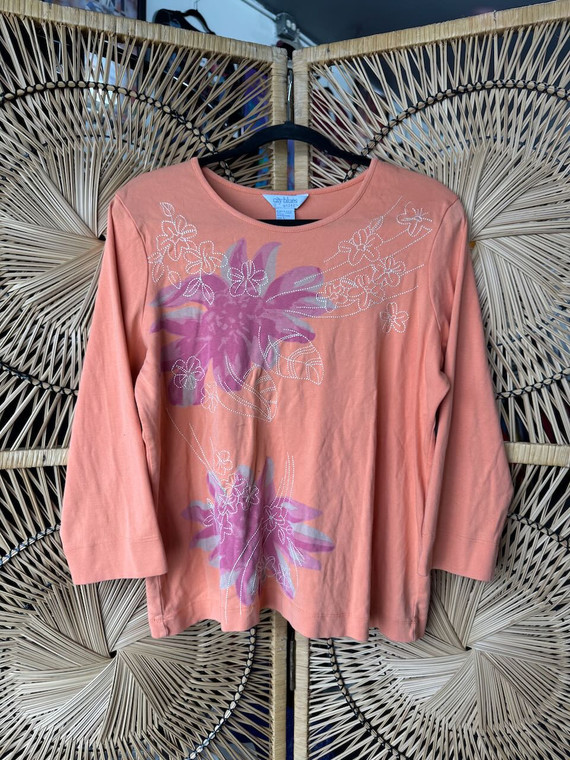 Vtg Y2K City Blues By Koret Floral Stitch Peach Mid-Length Sleeve Top Size Large