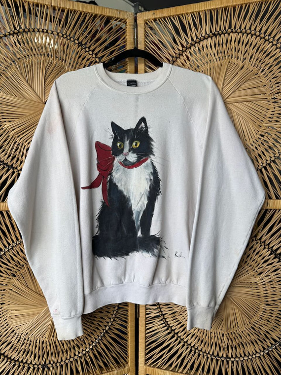 Vintage 80s 90s Hand-Painted Cat White Crewneck Sweatshirt Size X-Large XL