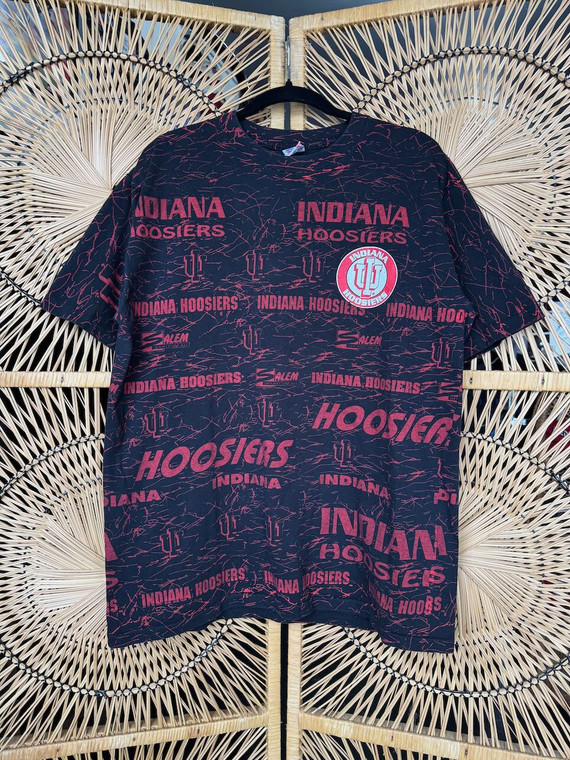 Vintage 90s Salem Sportswear Indiana University IU Hoosiers Red AOP Black T-Shirt Size X-Large XL