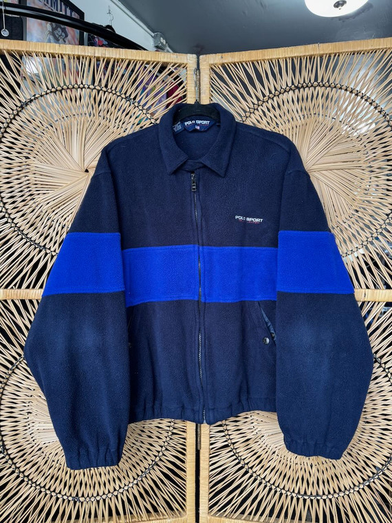 Vtg Polo Sport Ralph Lauren Blue Stripe Fleece Jacket Size Large