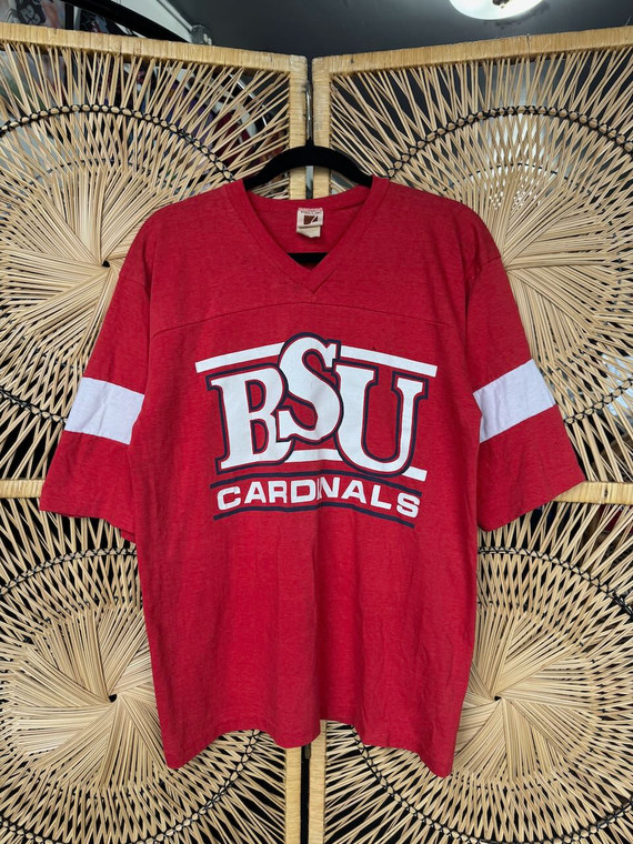 Vintage 80s Logo 7 Ball State University Cardinals Varsity Red V-Neck T-Shirt Size Large