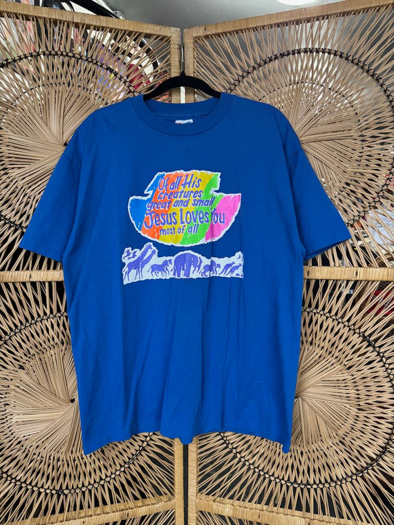 Vtg 90s Jesus Loves You Most Of All T-Shirt Blue Size X-Large