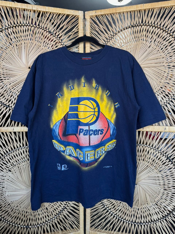 Vintage Indiana Pacers Magic Johnson Tees Glowing Basketball Navy Blue Graphic T-Shirt Size Large