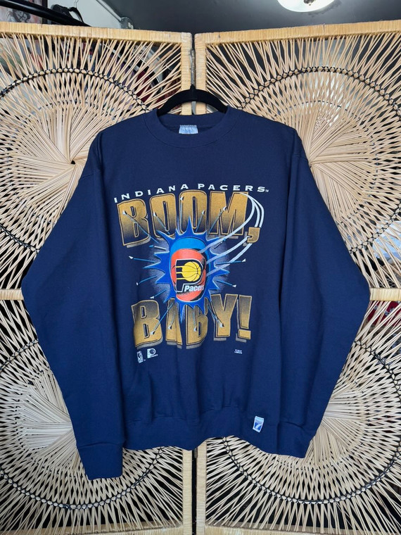 Vintage Logo 7 Indiana Pacers NBA "Boom, Baby!" Navy Blue Graphic Crewneck Sweatshirt Size Large