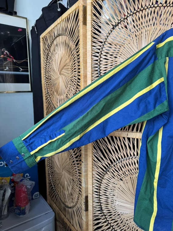 Vtg Y2K Wrangler Blue Green Yellow Striped Button Down Shirt Size Large